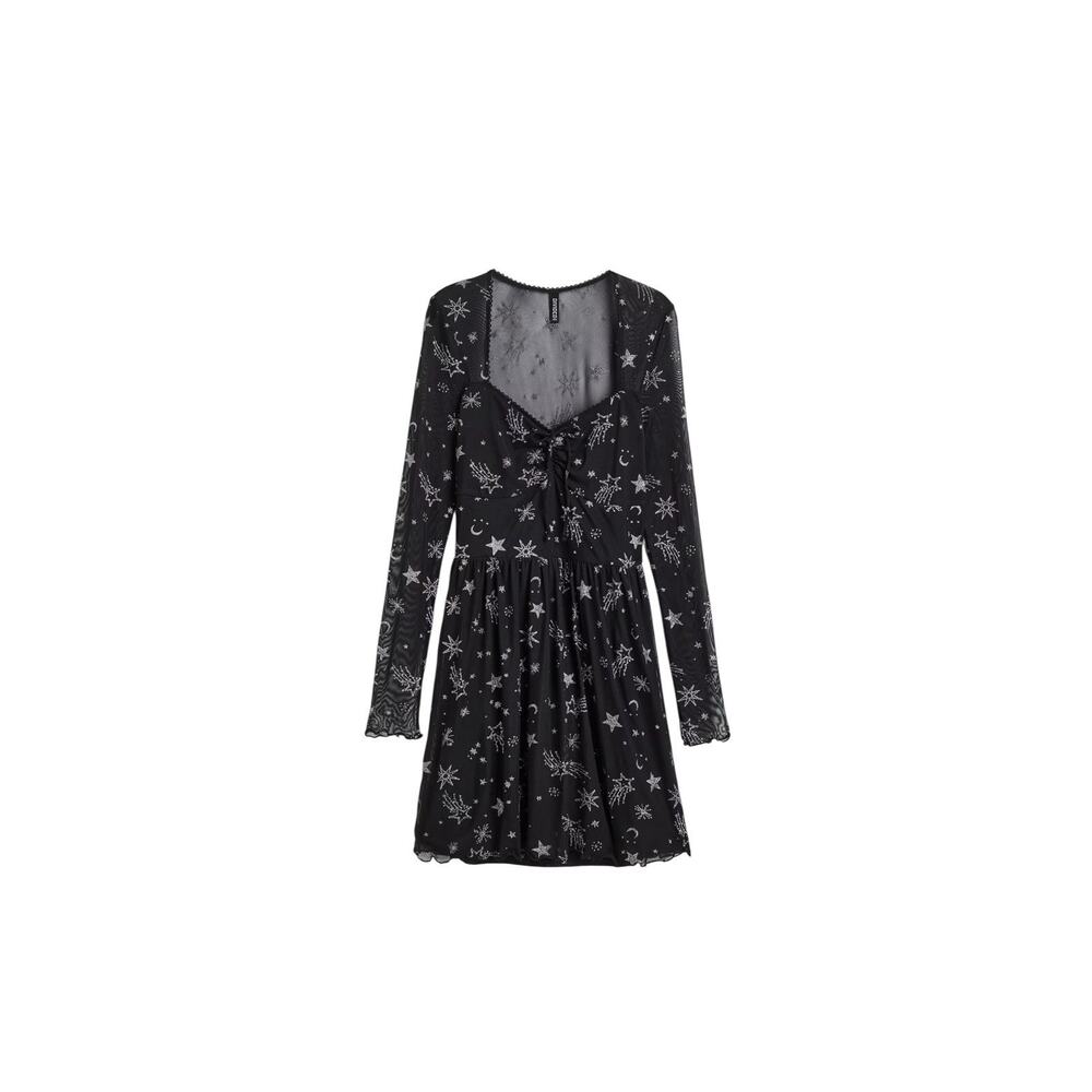 H&M Black M Lace Victorian Witchy Goth Grunge Sheer Midi Dress Puff Sleeve Moon